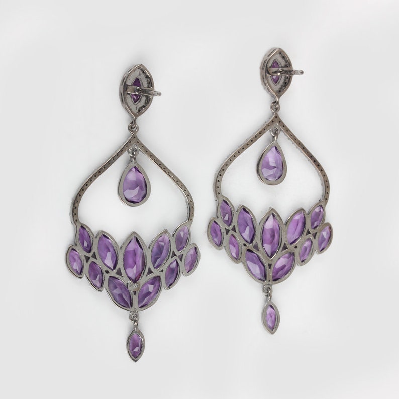 Dangle Genuine Pave Diamond African Amethyst Earrings Solid 925 Sterling Silver Handmade Wedding Jewelry Gifts for Women/'s