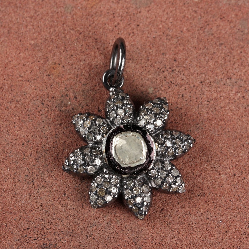 Natural 0.34 Ct Polki Diamond Pave Flower Charm Pendant Solid 925 Sterling Silver Handmade Jewelry Floral Pendant Christmas Gifts