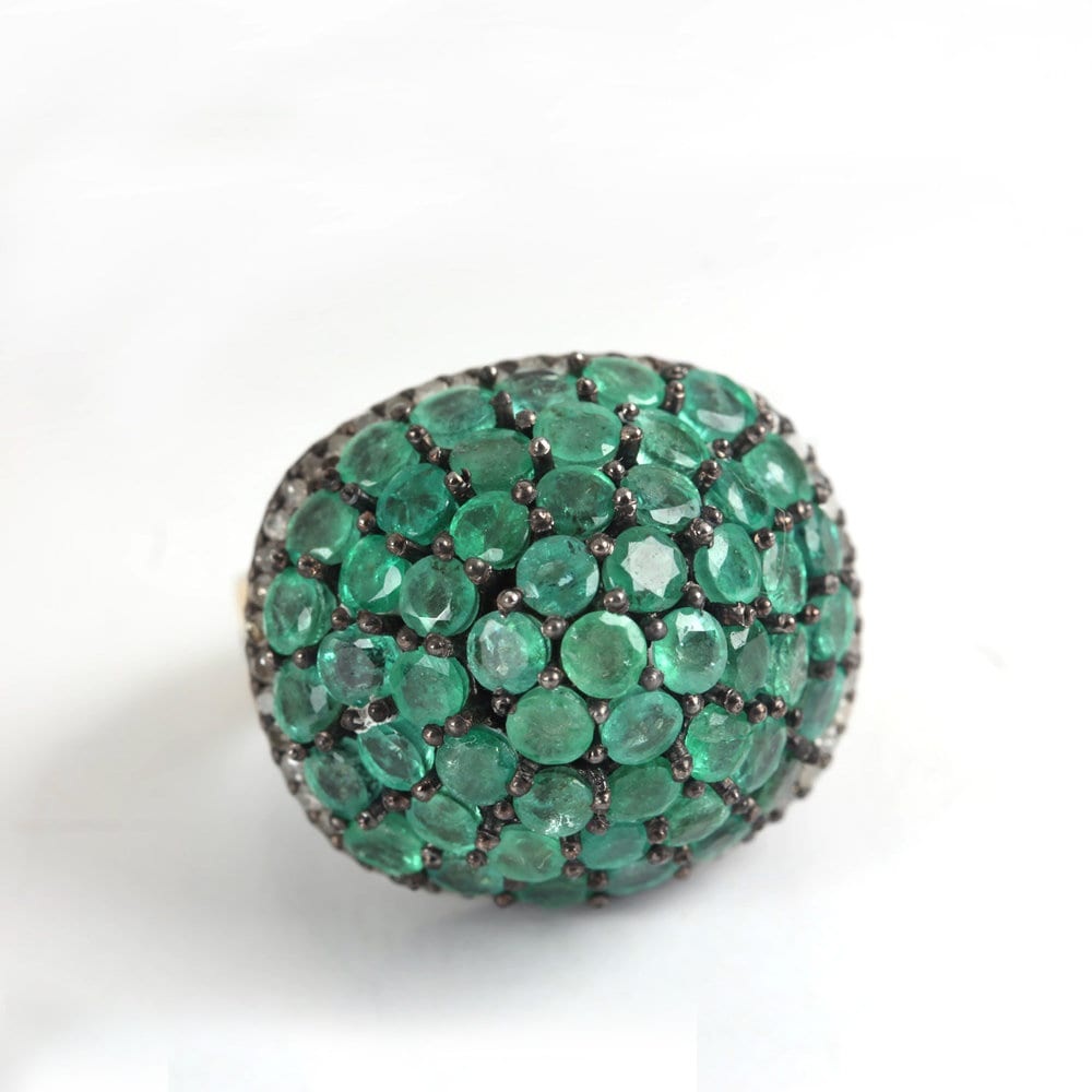 Emerald Dome Ring: 925 Sterling Silver, 14k Yellow Gold, Diamond Jewelry