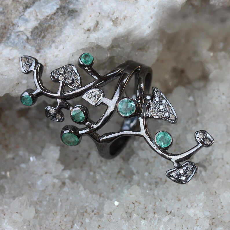 Natural Pave Diamond Emerald Leaves Design Statement Ring Solid 925 Sterling Silver Handmade Jewelry Friendship DayValentine/'s Day Gift