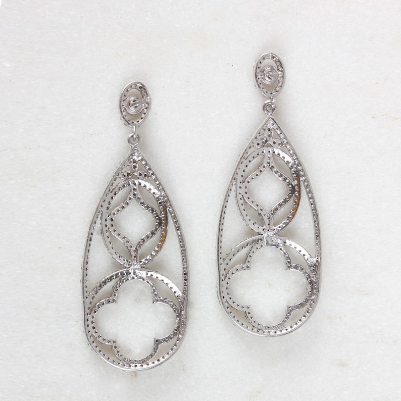 Designer Pave Diamond Dangle Earrings Pave Diamond Handmade Jewelry Silver Earrings 925 Sterling Silver Earrings Diamond Earrings