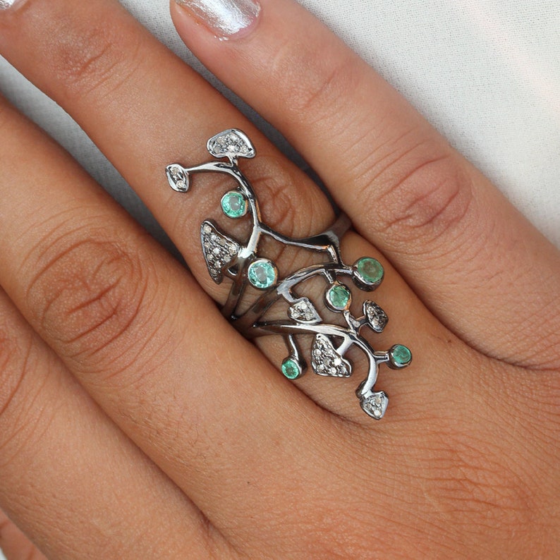 Natural Pave Diamond Emerald Leaves Design Statement Ring Solid 925 Sterling Silver Handmade Jewelry Friendship DayValentine/'s Day Gift