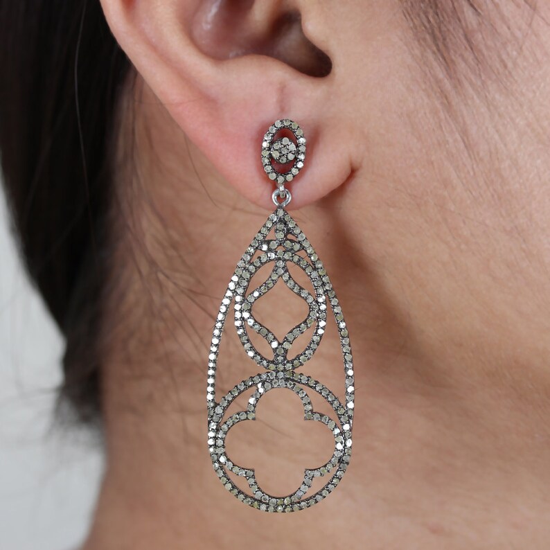Designer Pave Diamond Dangle Earrings Pave Diamond Handmade Jewelry Silver Earrings 925 Sterling Silver Earrings Diamond Earrings