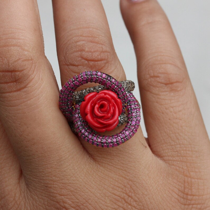 Ruby Gemstone Red Coral Carving Flower Ring 925 Silver Pave Diamond Jewelry Floral Ring Anniversary Gift For Her Flower Shaped Ring