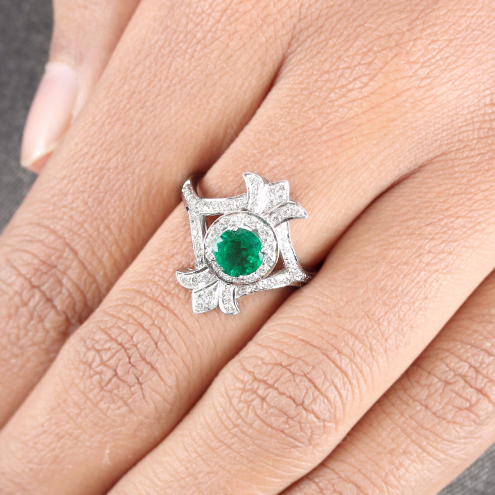 Gemstone Emerald Diamond Designer Cocktail Rings 14k White Etsy