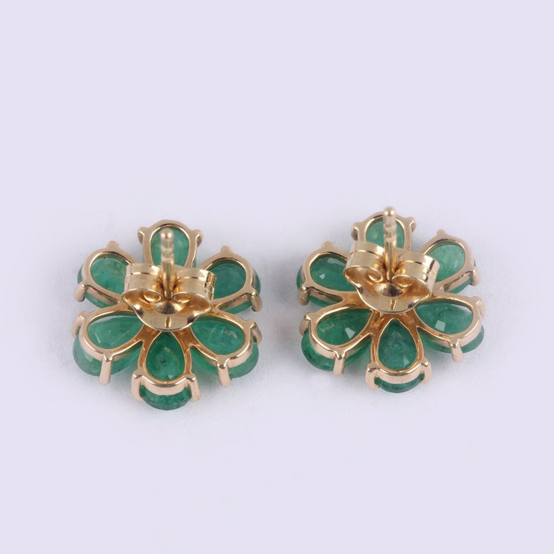 Gemstone Emerald Earrings Floral Studs Solid 14k Yellow Gold Etsy