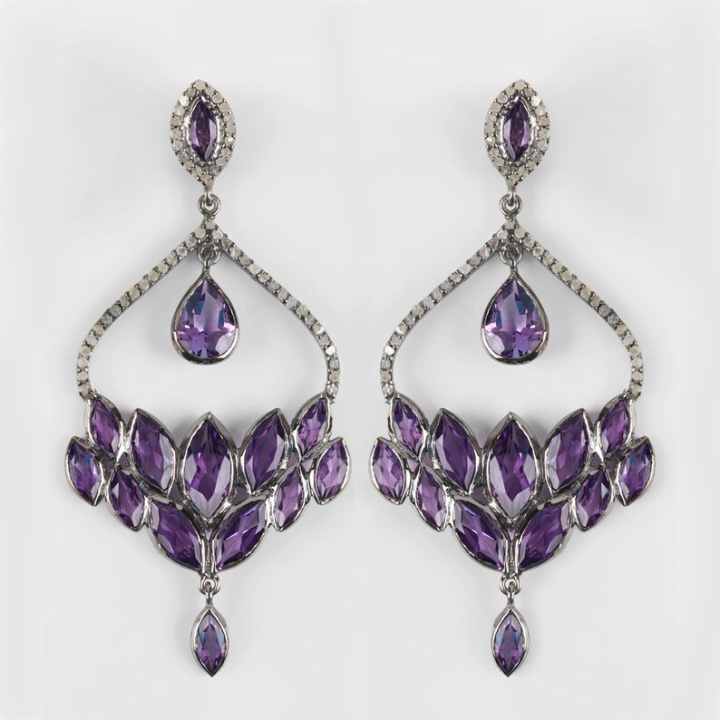 Dangle Genuine Pave Diamond African Amethyst Earrings Solid 925 Sterling Silver Handmade Wedding Jewelry Gifts for Women/'s