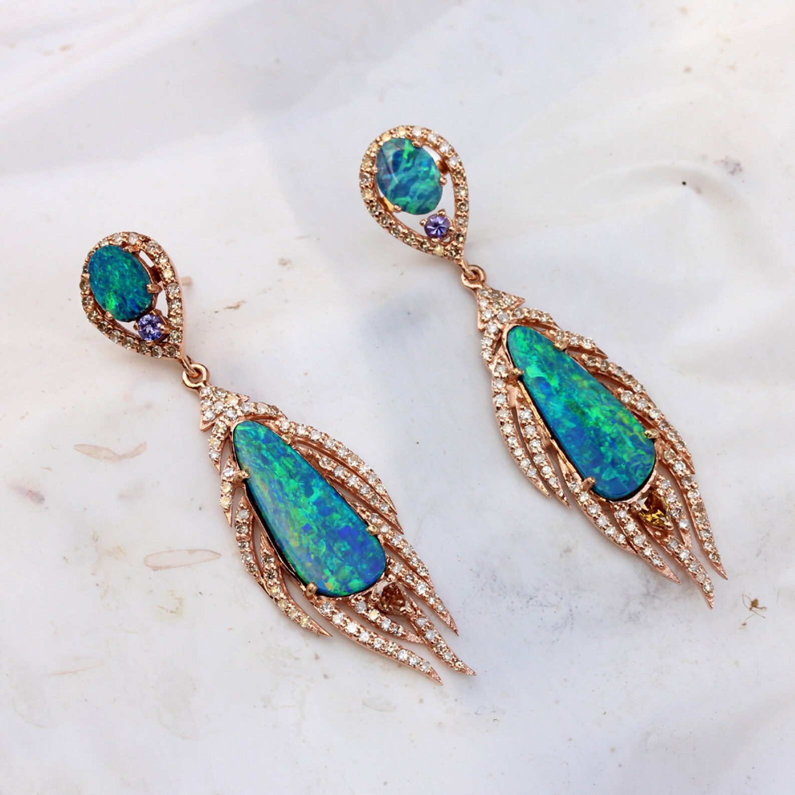 Opal Earrings Tanzanite Opal earrings 18K Gold Opal Dangle Etsy