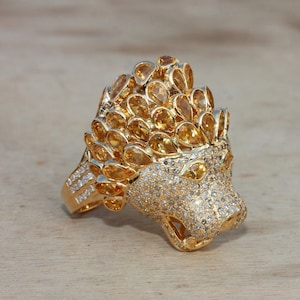 Cocktail Lion Head Ring, Diamond, Citrine Gemstone Ring, Solid 14k Yellow Gold Fine Jewelry, Summer Wedding, Christmas Day Gifts