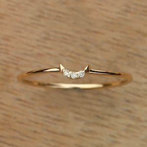 Crescent Moon Ring Three Diamond Moon Ring Solid 14k Yellow Gold Delicate Ring Fine Bridal Jewelry Christmas, Birthday Gift For Her