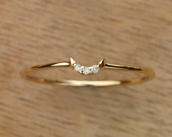 Crescent Moon Ring Three Diamond Moon Ring Solid 14k Yellow Gold Delicate Ring Fine Bridal Jewelry Christmas, Birthday Gift For Her