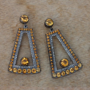 Genuine 0.96 Ct Pave Diamond Citrine Dangle Earrings 925 Sterling Silver Modern Handmade Jewelry Christmas Gifts November Birthstone