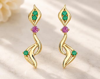 Solid 18K Gold Emerald Ruby Stud Earrings, Natural Gemstone Fine Jewelry