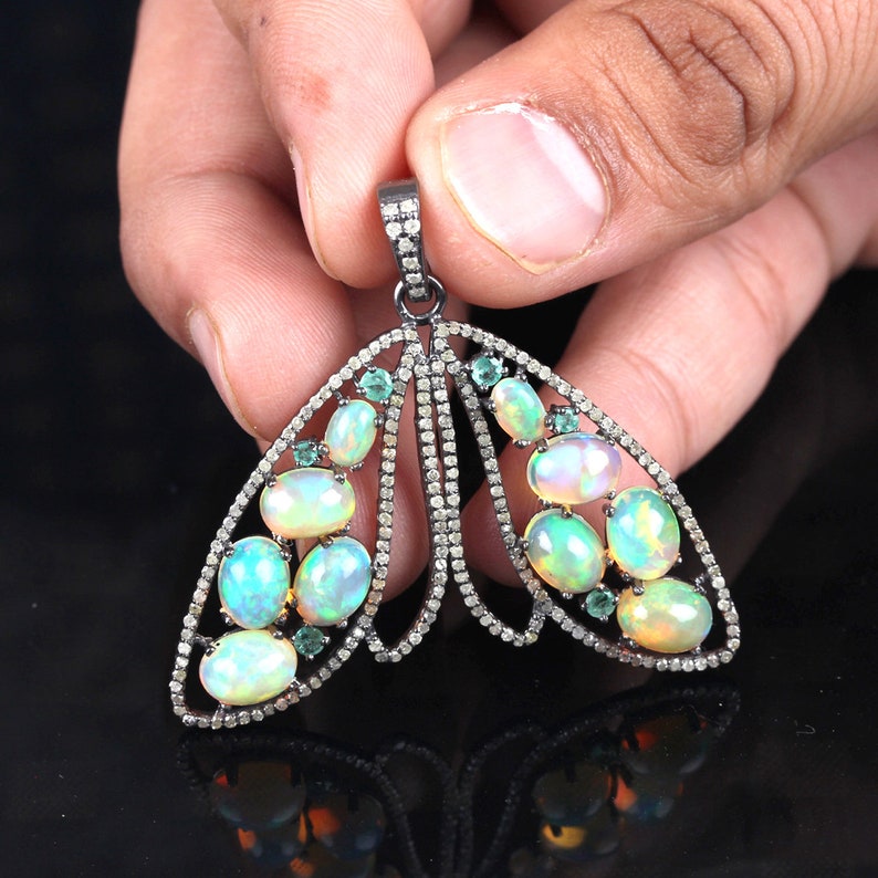 Genuine 1.29 Ct Opal /& Emerald Gemstone Pendant 925 Sterling Silver Butterfly Shape Pendant Necklace Handmade Fine Jewelry
