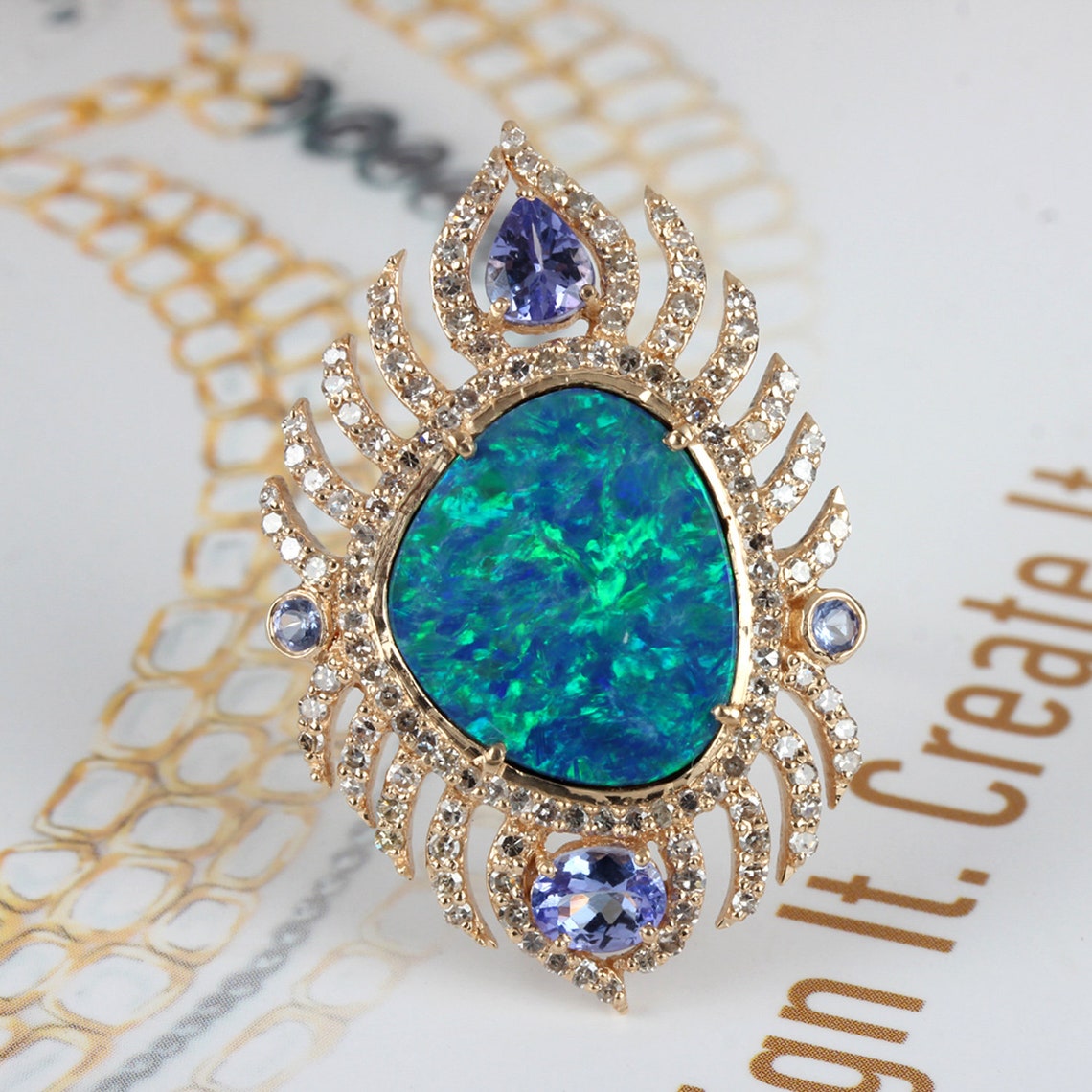 Solid 18k Yellow Gold Tanzanite and Blue Opal Gemstone - Etsy