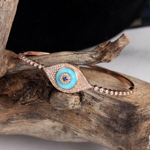 Genuine Diamond 14k Rose Gold Good Luck Blue Sapphire, Turquoise Evil Eye Bracelet Handmade Fine Jewelry Christmas Day Gift For Her