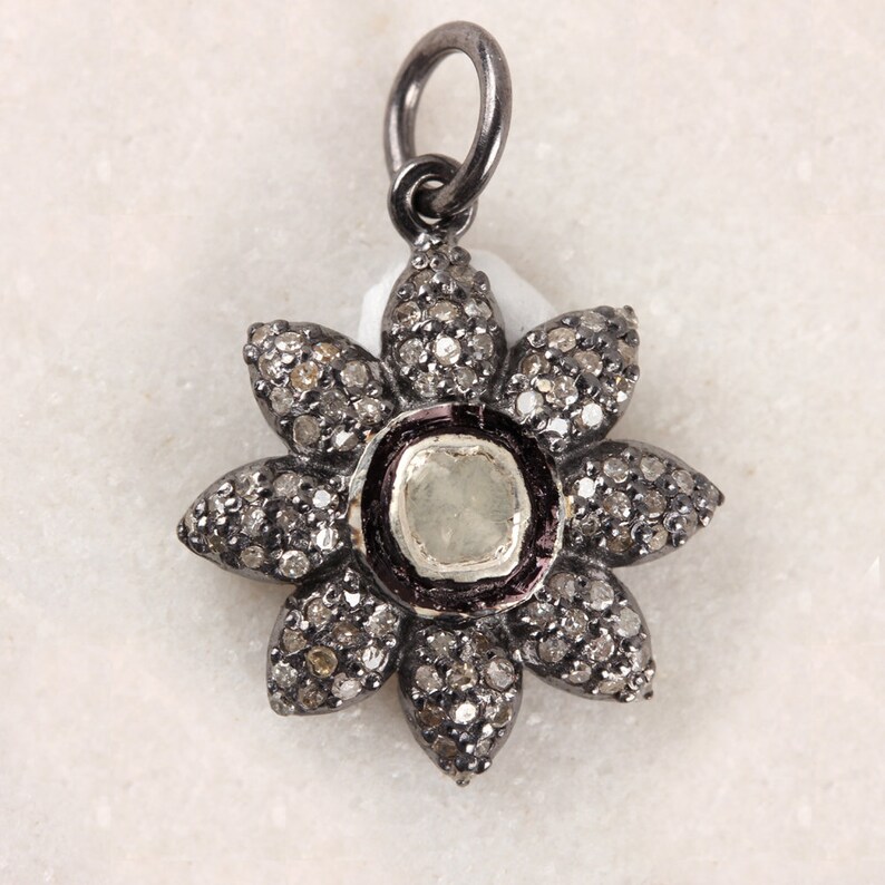 Natural 0.34 Ct Polki Diamond Pave Flower Charm Pendant Solid 925 Sterling Silver Handmade Jewelry Floral Pendant Christmas Gifts