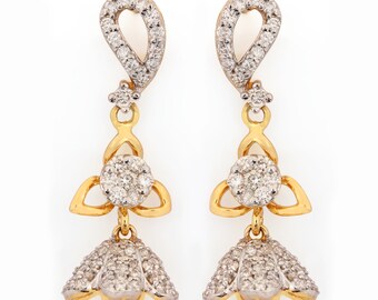 Exquisite Diamond 14k Yellow Gold Drop & Dangle Earrings For Her, Natural Diamond Unique Dainty Earrings For Wedding Gift