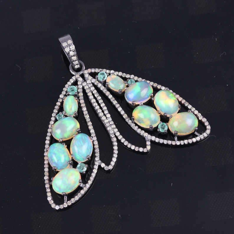 Genuine 1.29 Ct Opal /& Emerald Gemstone Pendant 925 Sterling Silver Butterfly Shape Pendant Necklace Handmade Fine Jewelry