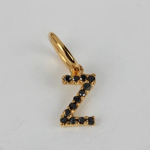 Yellow Gold Plated Genuine Black Diamond Initial Z Charm Pendant 925 Sterling Silver Fine Jewelry, Letter Pendant, Alphabets, Christmas Gift