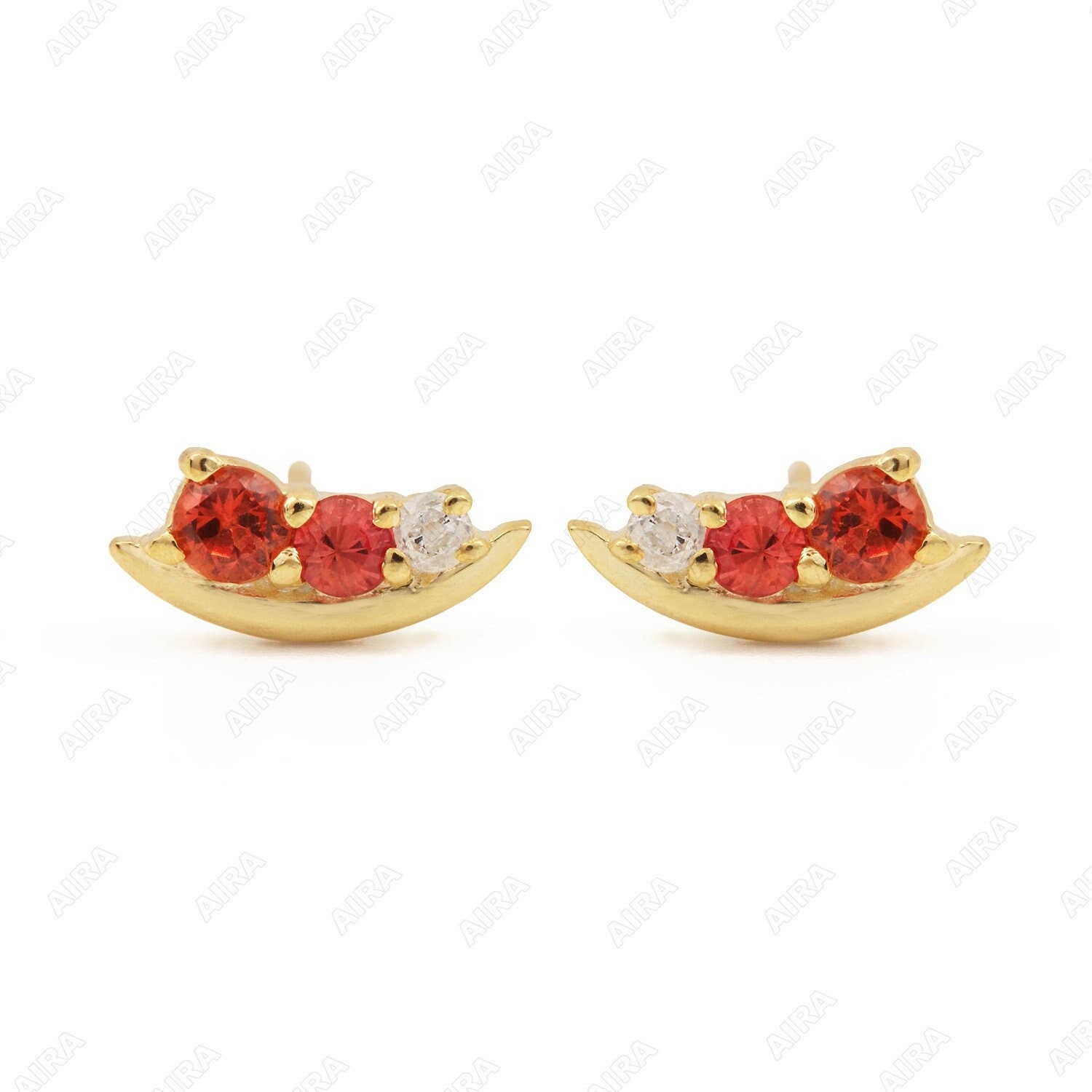 Pendientes de botón con forma de luna delicada con zafiro naranja y diamantes pavé naturales, oro macizo de 14 quilates o 18 quilates, plata de ley 925, joyería fina hecha a mano para cumpleaños