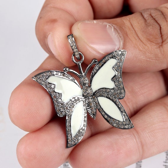 Beautiful flower design Rosecut pave diamond pendant 925 sterling silver handmade finish enameling designer diamond pendant jewelry
