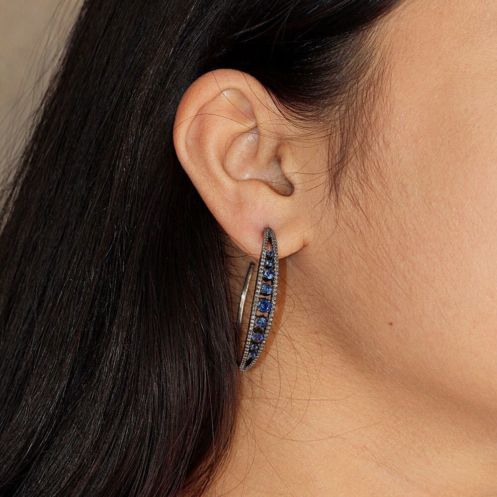 14k Yellow Gold 925 Sterling Silver Blue Sapphire Hoop Earrings Party Wear Fashion Jewelry Anniversary, Birthday, Wedding Gifts For Her