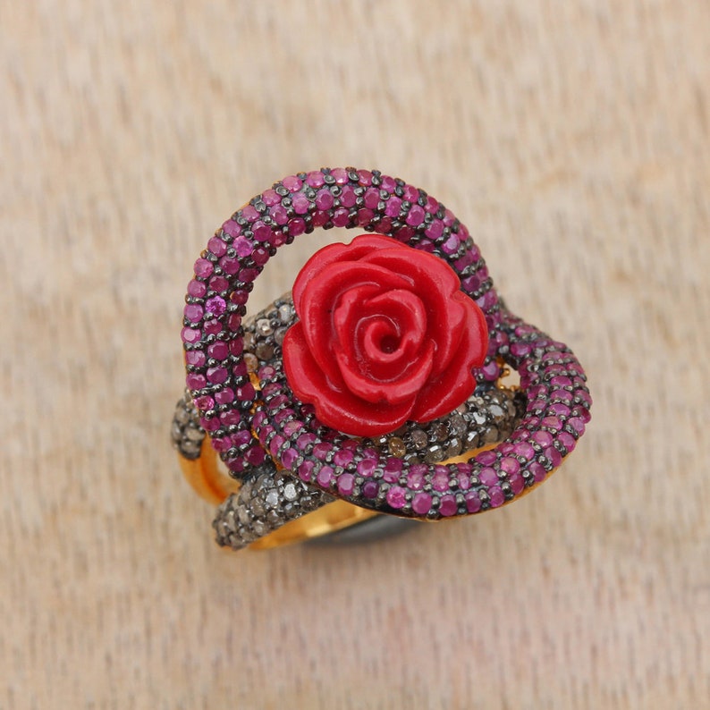 Ruby Gemstone Red Coral Carving Flower Ring 925 Silver Pave Diamond Jewelry Floral Ring Anniversary Gift For Her Flower Shaped Ring