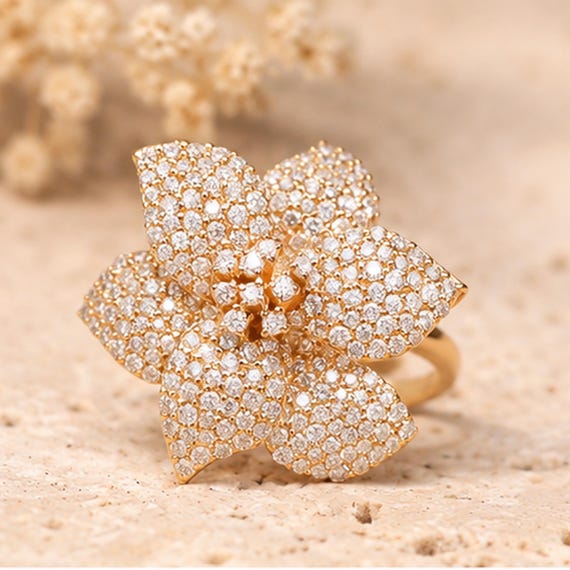 Floral Pave Diamond Ring, Solid 14K Yellow Gold, Statement Bloom Design