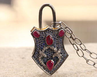 Diamond Padlock Pendant, Ruby and Sapphire, Sterling Silver Jewelry