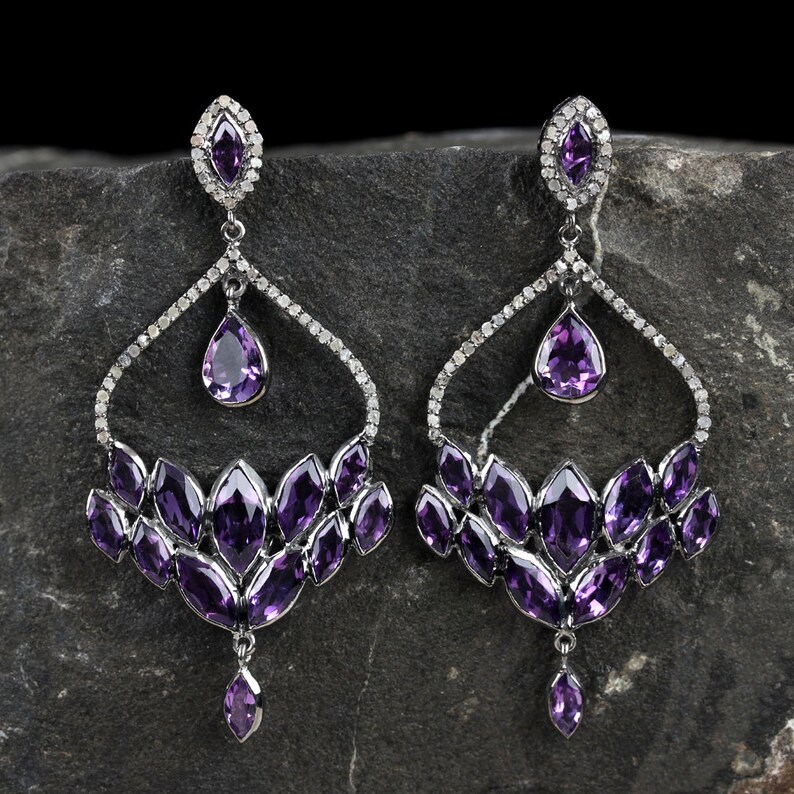 Dangle Genuine Pave Diamond African Amethyst Earrings Solid 925 Sterling Silver Handmade Wedding Jewelry Gifts for Women/'s