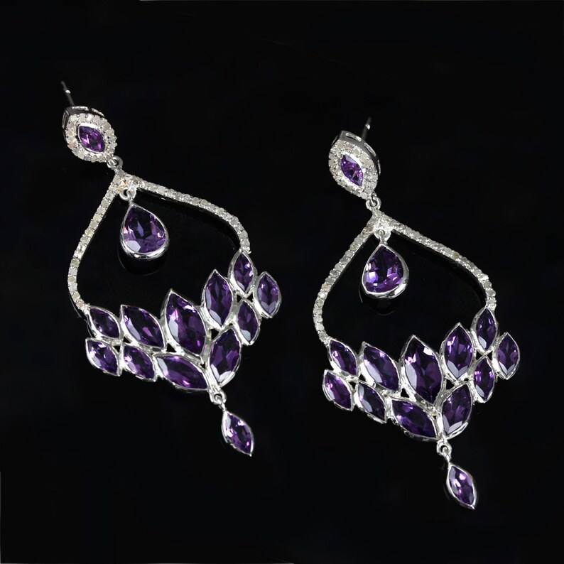 Dangle Genuine Pave Diamond African Amethyst Earrings Solid 925 Sterling Silver Handmade Wedding Jewelry Gifts for Women/'s