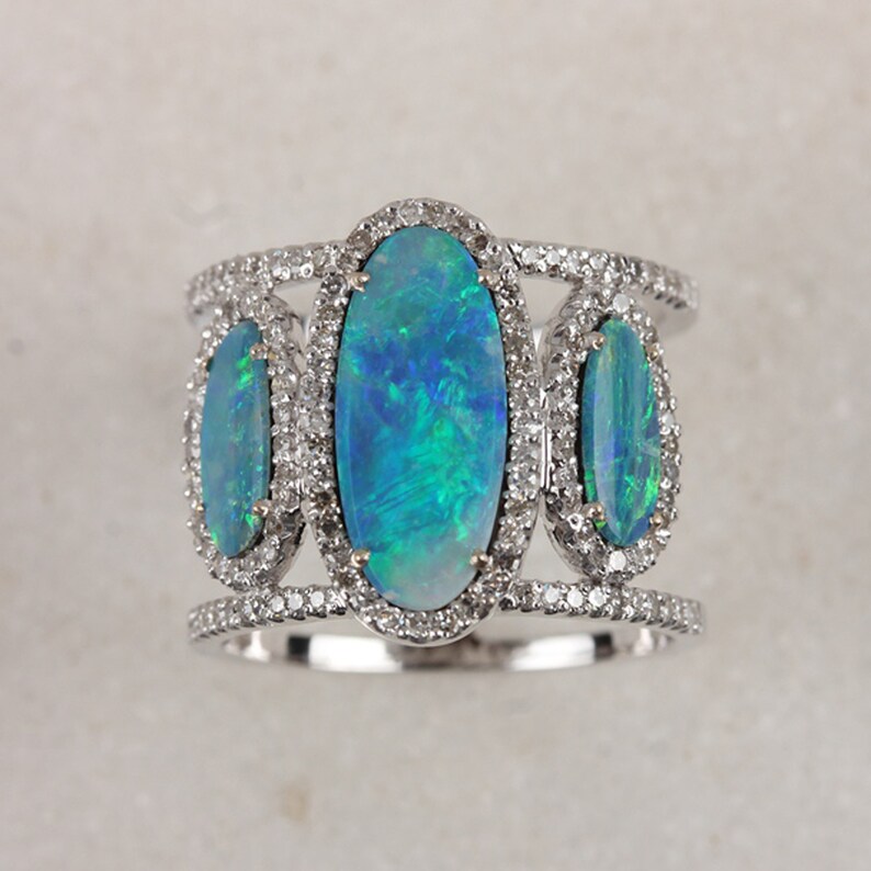 Solid 14k White Gold Genuine Blue Opal Double Band Ring Pave | Etsy