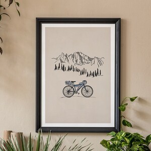 Bikepacking Giclee Art Print, Cycling Travel Illustration Poster, Adventure, Bike Cycle Minimalist Colourful Design Wall Print Blue