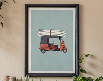 Surf Tuk Tuk Art Print - Sri Lanka Ceylon Travel Poster, Beach Rickshaw India Alternative Minimalist Poster, Surfing Wall Print, Pop Art