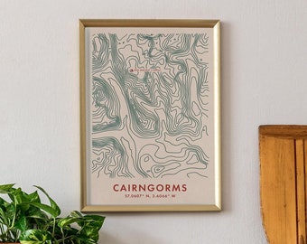 Cairngorms Topograhic Map Poster - Scotland Hiking Vintage Topographical Map Digital Illustration, Highlands UK Minimal, Wall Art Print