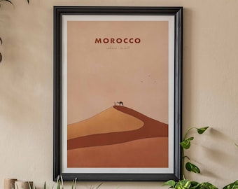 Morocco Sunset Sahara Desert Sand Dunes Travel Poster, Digital Illustration Giclee Art Print, Pastel Minimal, Wes Anderson Art