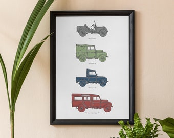 4 ICONIC Landrovers Through The Years Art Print, Series Defender Discovery Car Poster, Digital Illustration Vintage Vehicle, Dad Father Son