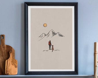 Hiking with Dogs Giclee Art Print, Travel Illustration Poster, Wes Anderson Inspiration, Dog Cute Minimalist Colourful Design Wall Print