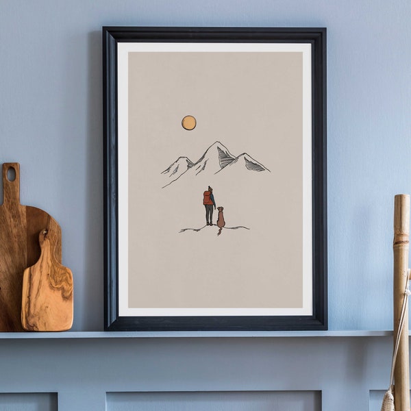 Randonnée avec des chiens Giclee Art Print, Affiche d’illustration de voyage, Wes Anderson Inspiration, Dog Cute Minimalist Colorful Design Wall Print