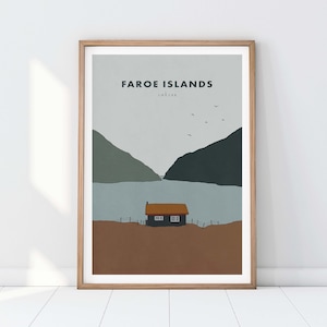 Faroe Islands Travel Poster, Scandinavia Cabin Digital Illustration Print, Moody Denmark, Pastel Minimal Home Decor, Wes Anderson Art Style