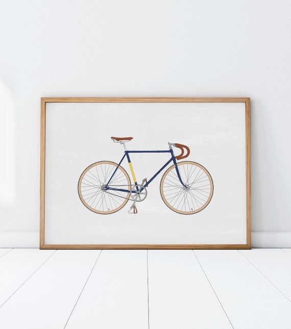 Bicycle Vintage Poster Blue Print Digital Illustration of Fixie