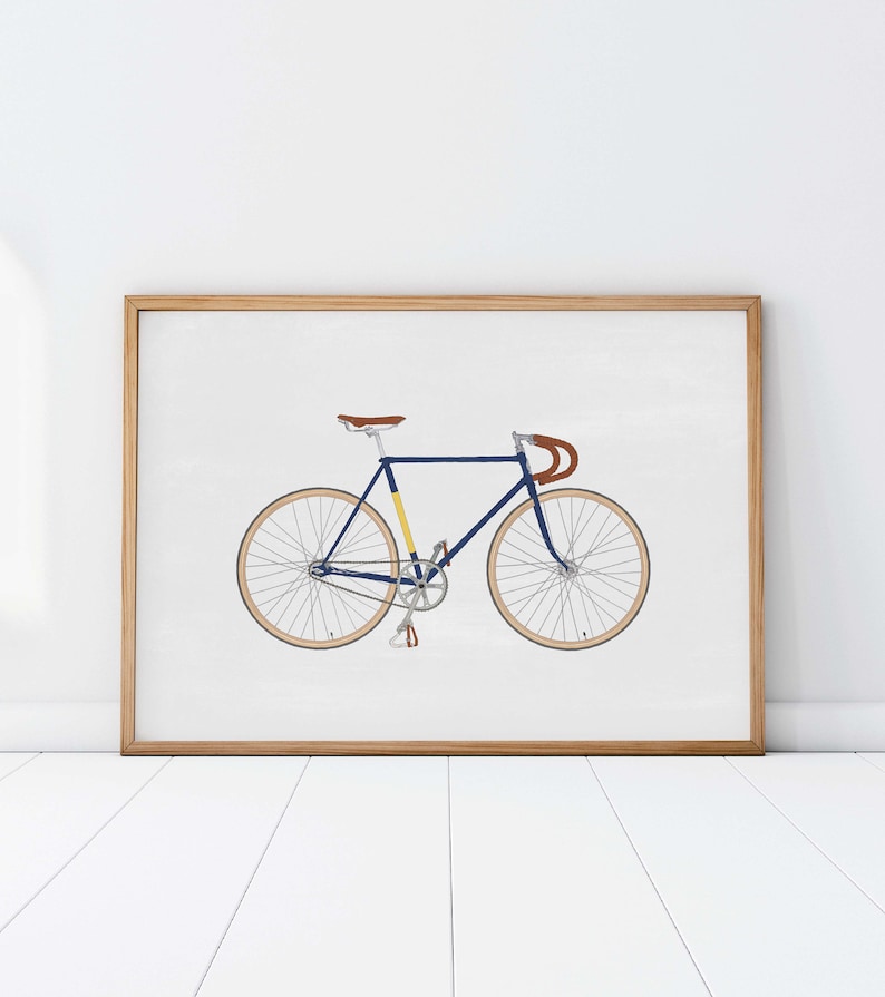 Bicycle Vintage Poster / Blue Print Digital Illustration of Fixie Bike/Cycle, Minimal Decor, Cafe Design Wall Art Print Father/Dads/Boys image 1
