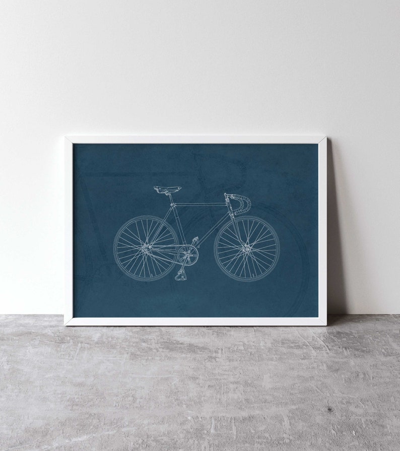 Bicycle Vintage Poster / Blue Print Digital Illustration of Fixie Bike/Cycle, Minimal Decor, Cafe Design Wall Art Print Father/Dads/Boys image 2