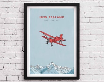 Mount Cook New Zealand Biplane Vintage Travel Poster, Line Drawing Digital Illustration, Mountain Alpine Art, Wes Anderson Cute Airplane