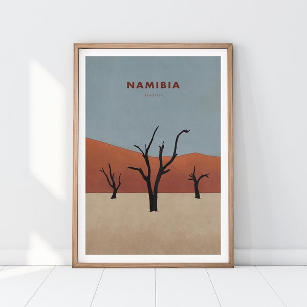 Namibia Africa Travel Poster, Deadvlei Dead Tree Art Digital Illustration, Desert Design, Minimal decor, Modern Wes Anderson Print Poster