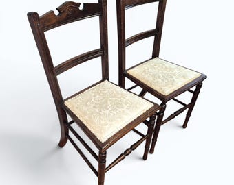 Antique Victorian Mahogany Bedroom Chairs Pair c1870 Damask Upholstered Chairs