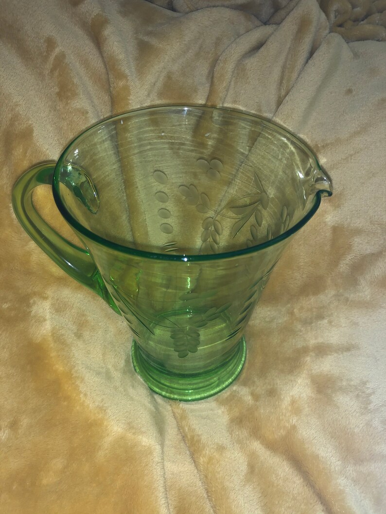 Edwardian Green Etched Glass Jug Etsy