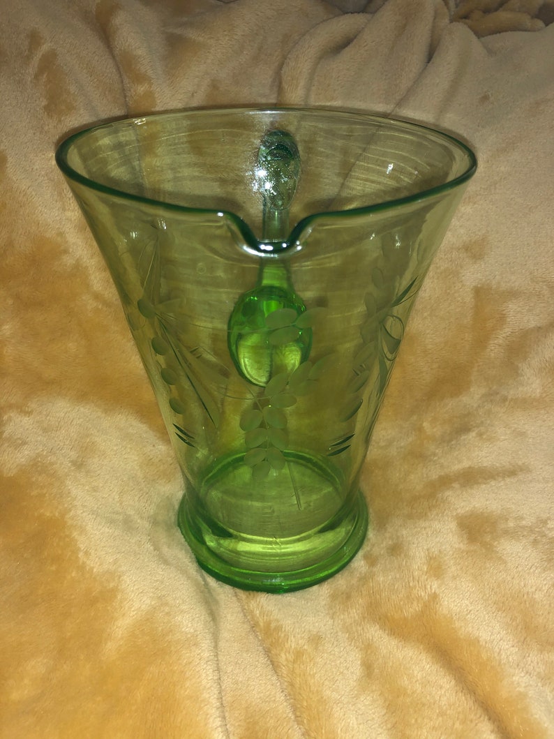 Edwardian Green Etched Glass Jug Etsy