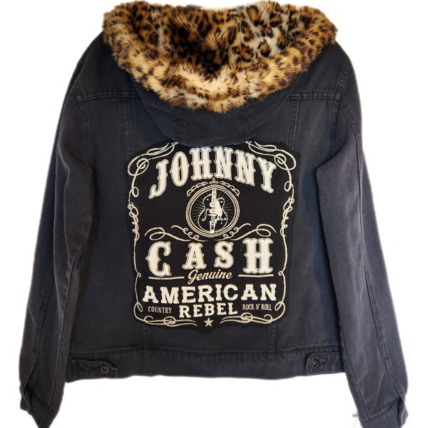 Damen Denim ROCK Jacke mit Leoparden Fell Kapuze - Size Large